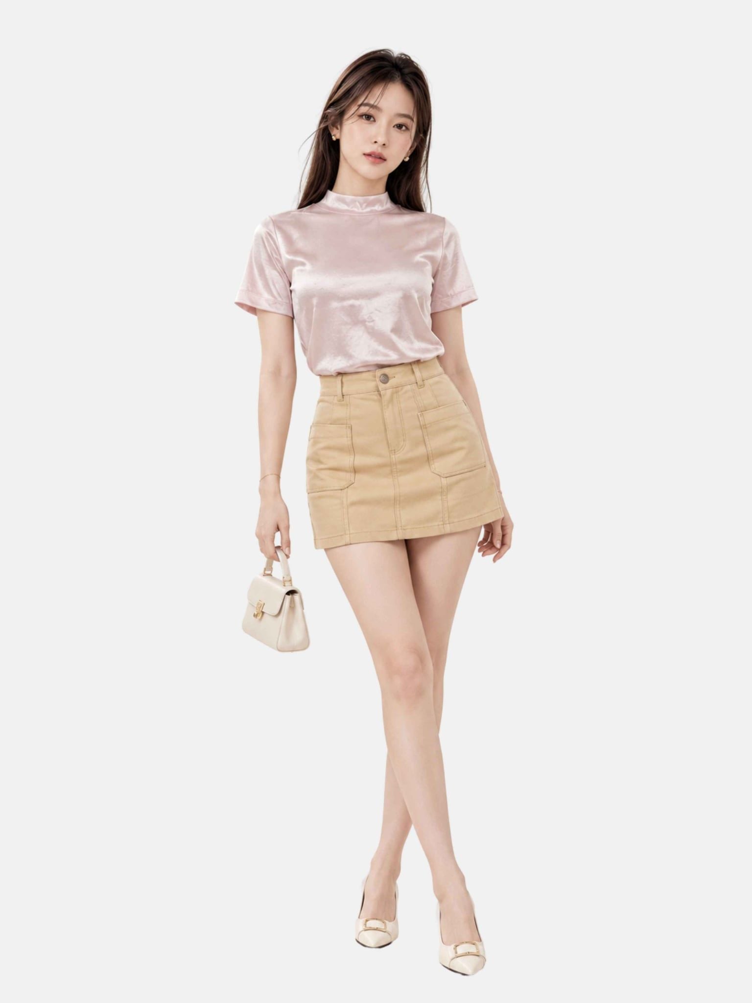  Áo lụa tay ngắn cổ lọ có dây nơ sau lưng 