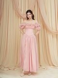  Đầm midi trễ vai phối bèo có tay 
