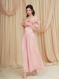  Đầm midi trễ vai phối bèo có tay 