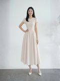  Đầm midi sọc nhún tùng 