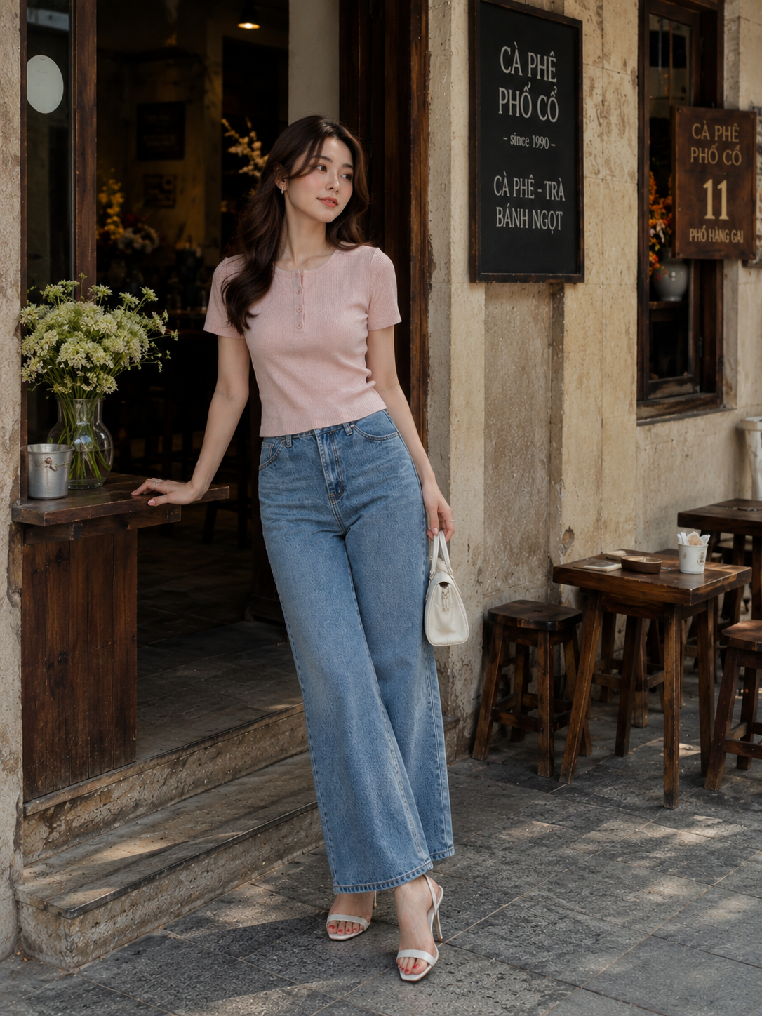 Áo thun cổ tròn gài nút