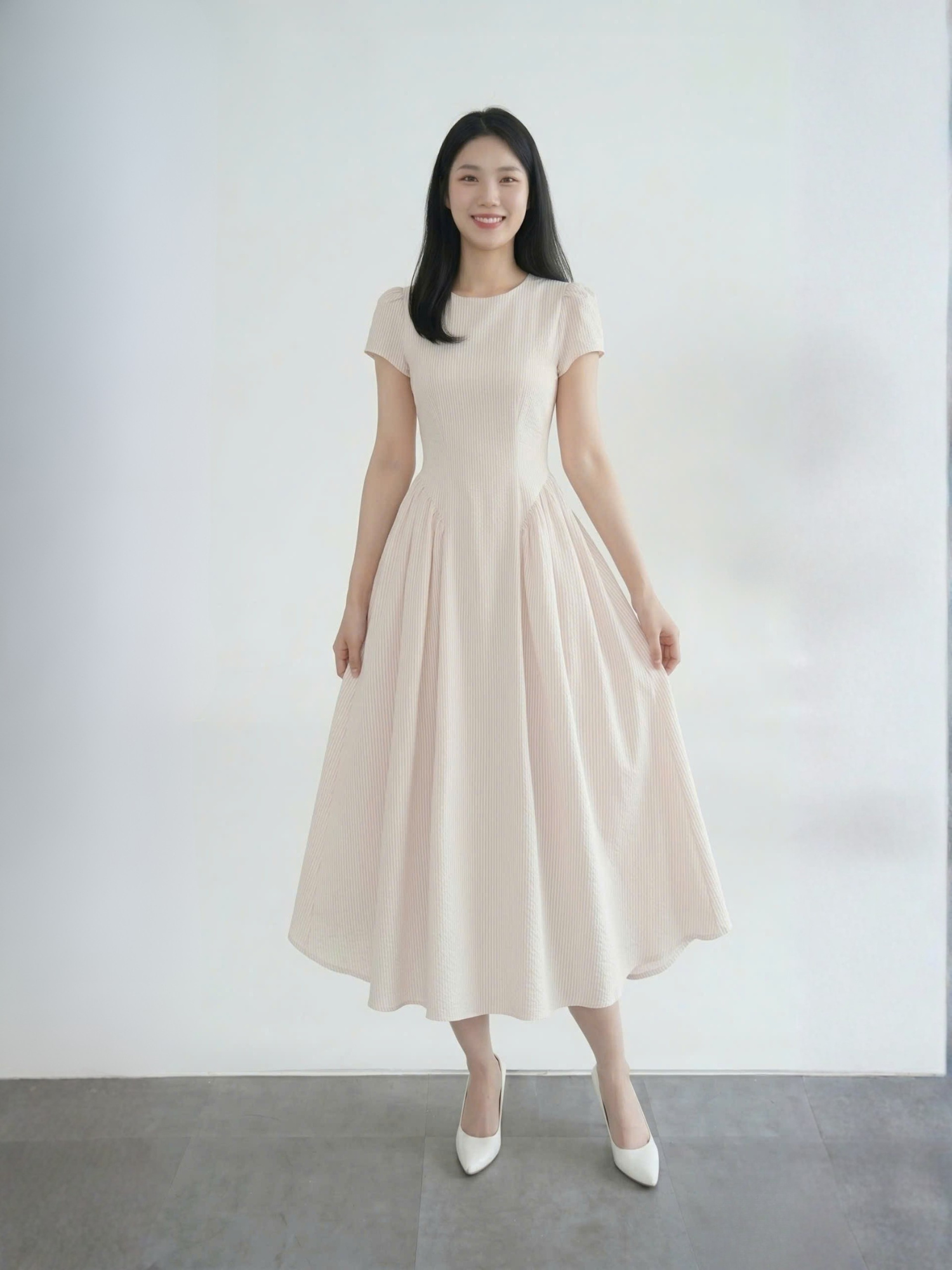 Đầm midi sọc nhún tùng