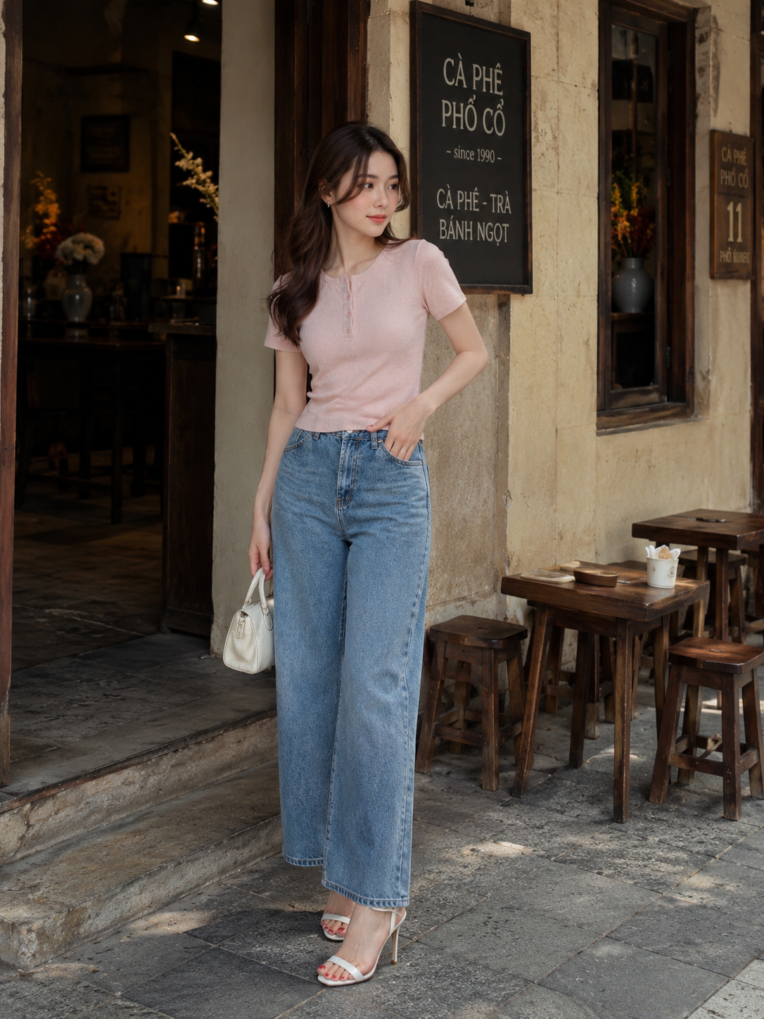 Áo thun cổ tròn gài nút