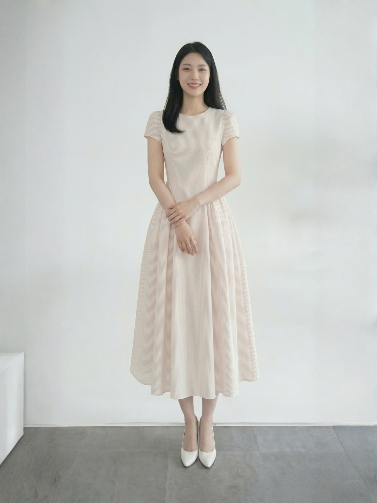  Đầm midi sọc nhún tùng 