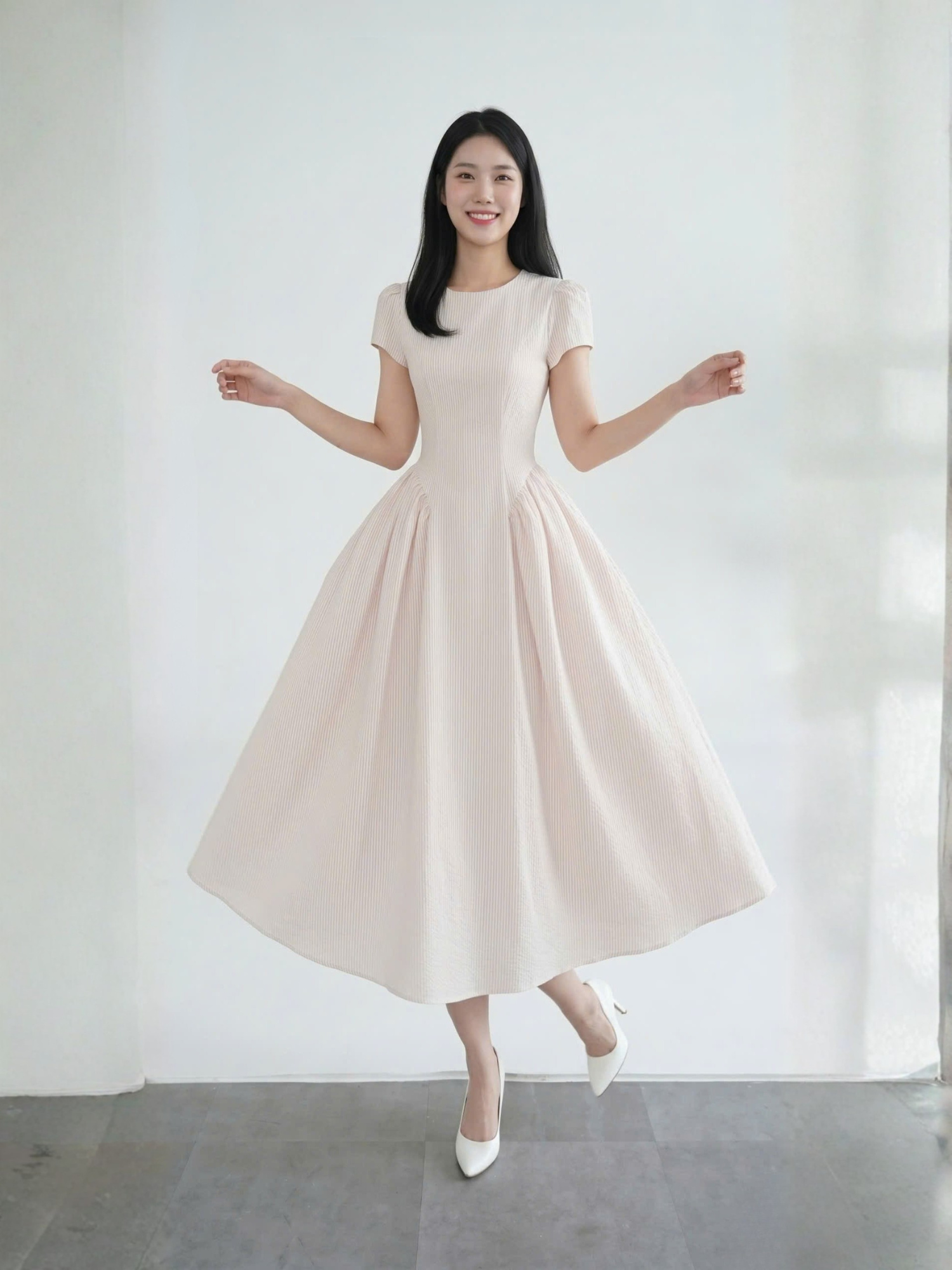  Đầm midi sọc nhún tùng 
