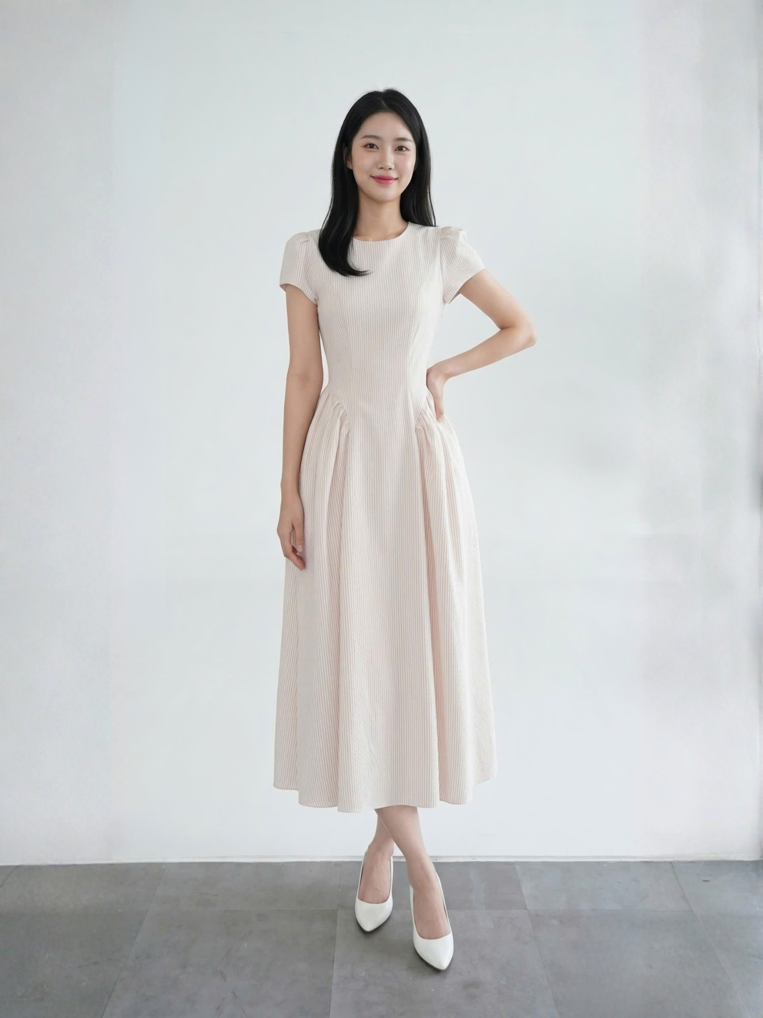 Đầm midi sọc nhún tùng