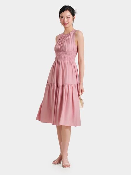  Đầm midi sát nách rút nhún ngực thun eo 