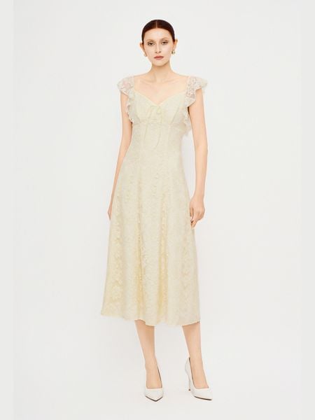  Đầm midi ren đính nơ ngực 