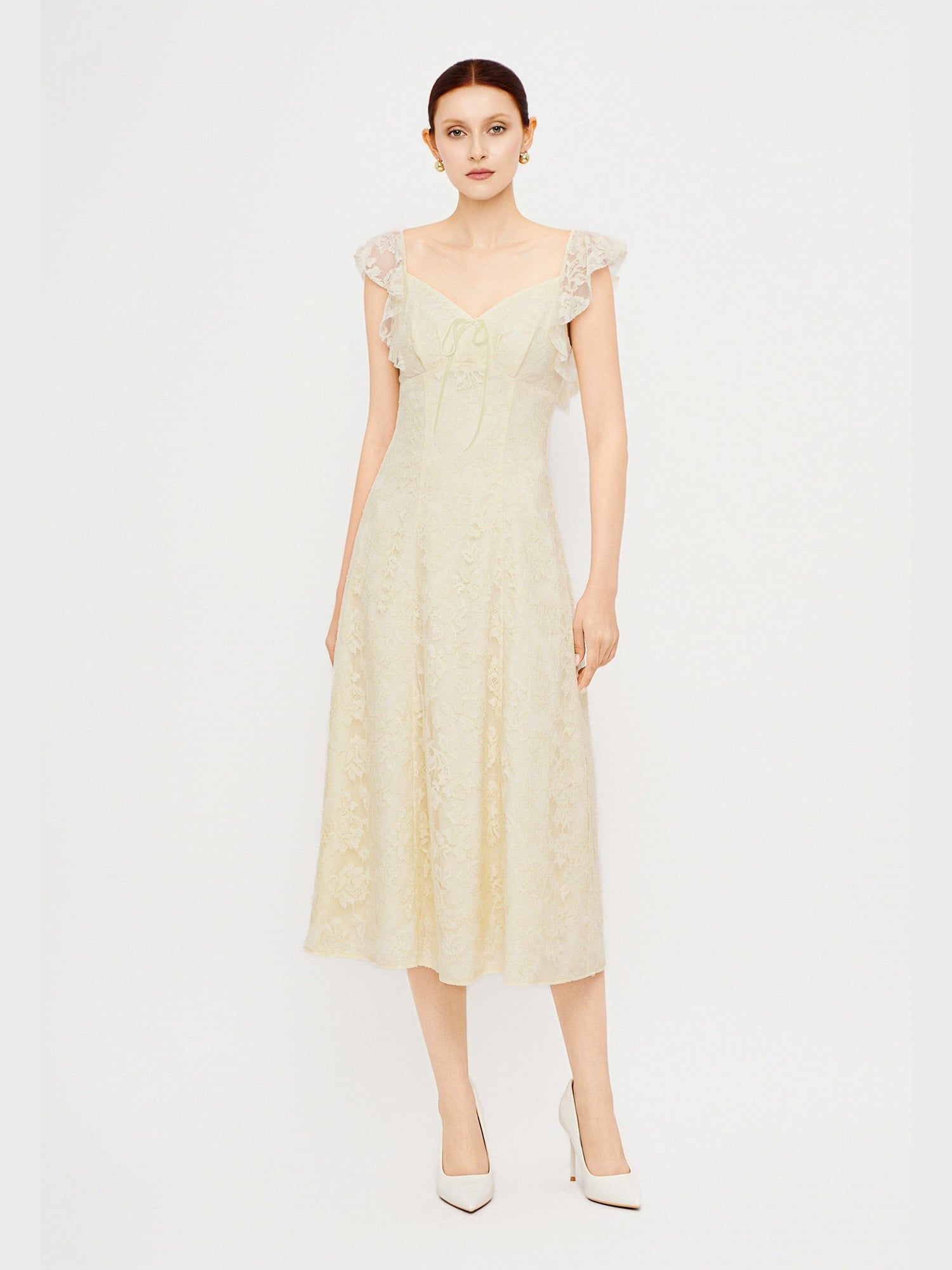  Đầm midi ren đính nơ ngực 