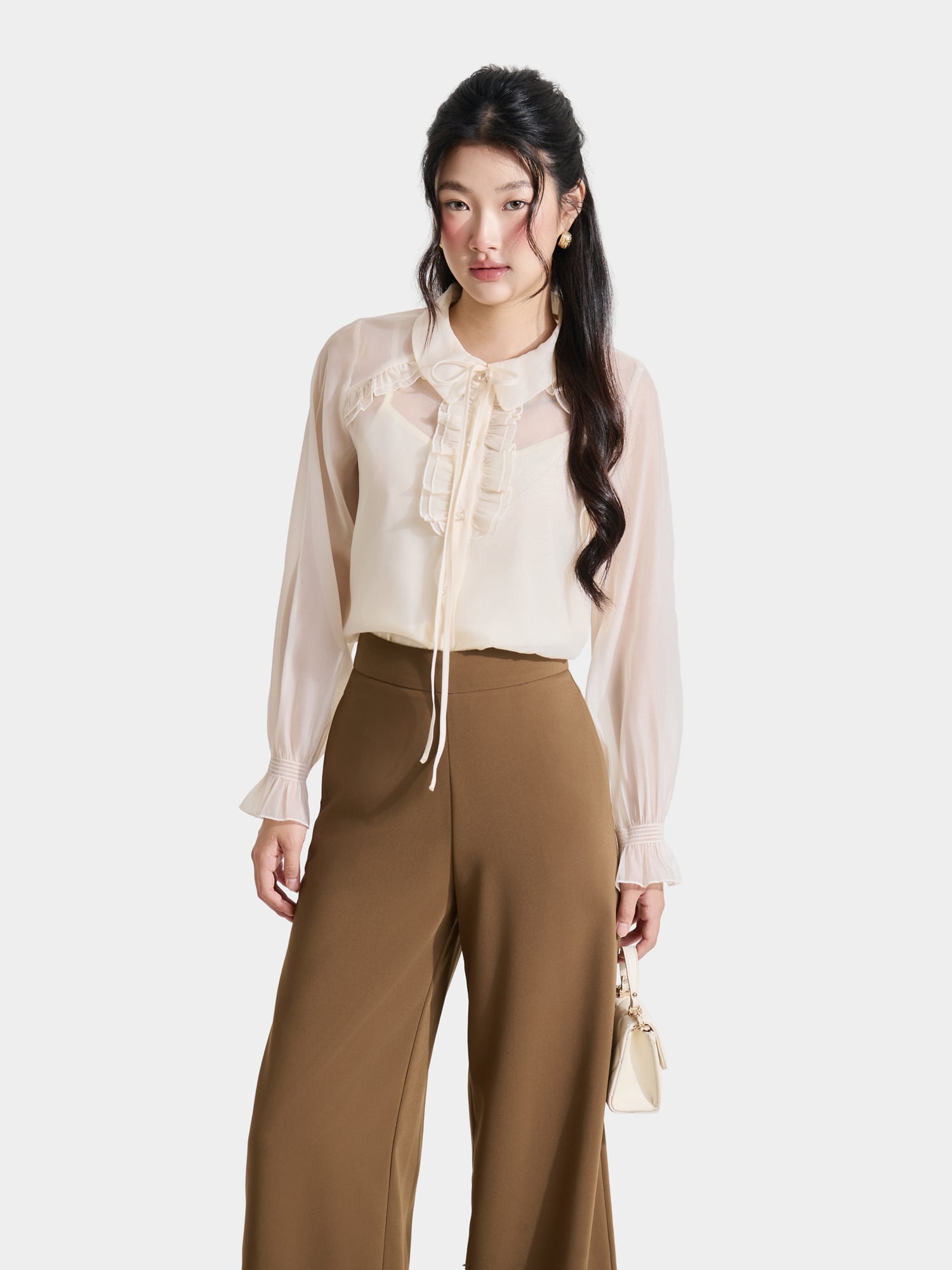 Áo sơ mi sheer tay dài phối bèo