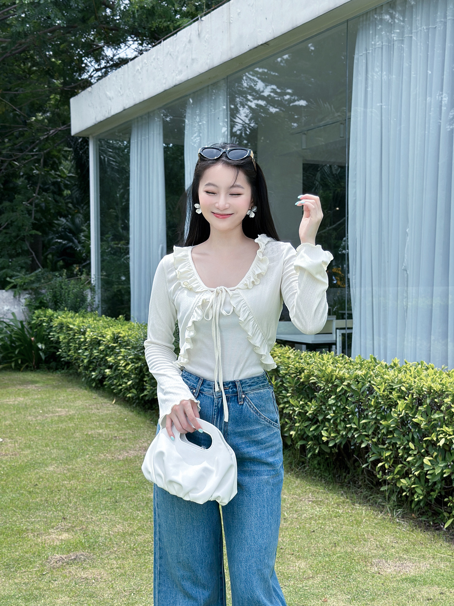 Áo khoác thun tay dài phối bèo cột dây