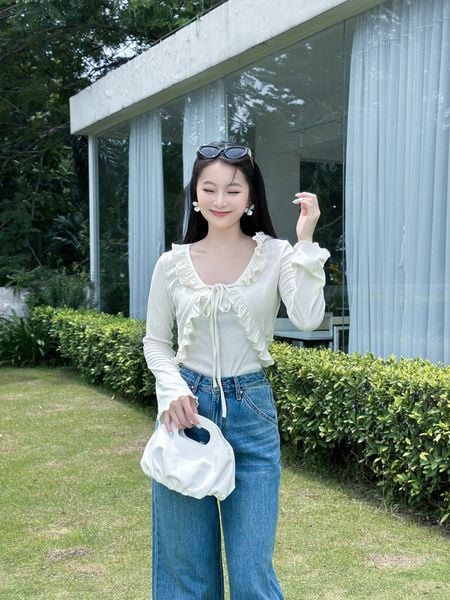  Áo khoác thun tay dài phối bèo cột dây 