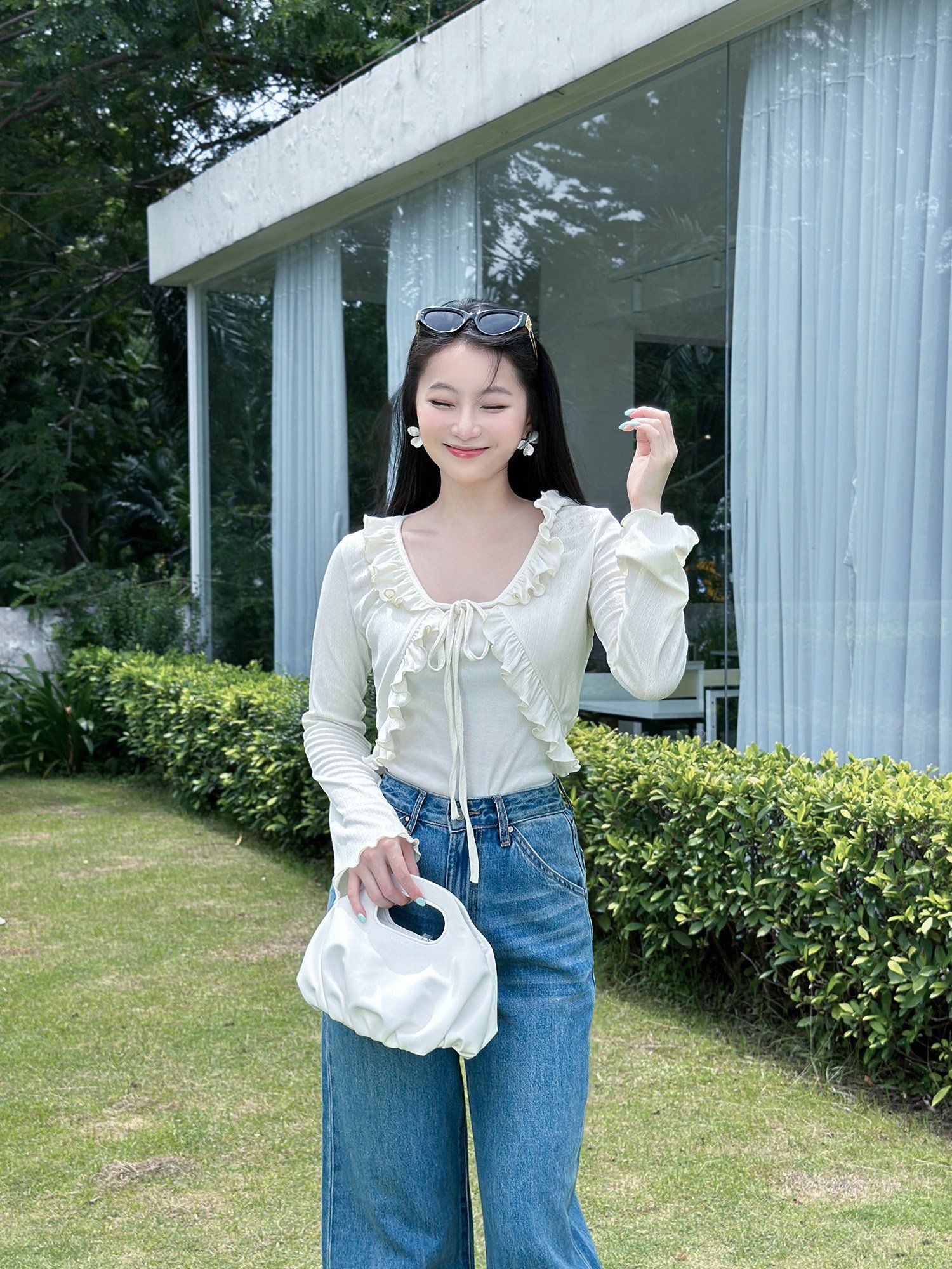  Áo khoác thun tay dài phối bèo cột dây 