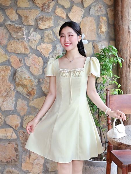  Đầm mini tay cánh tiên phối ren ngực đính nơ 