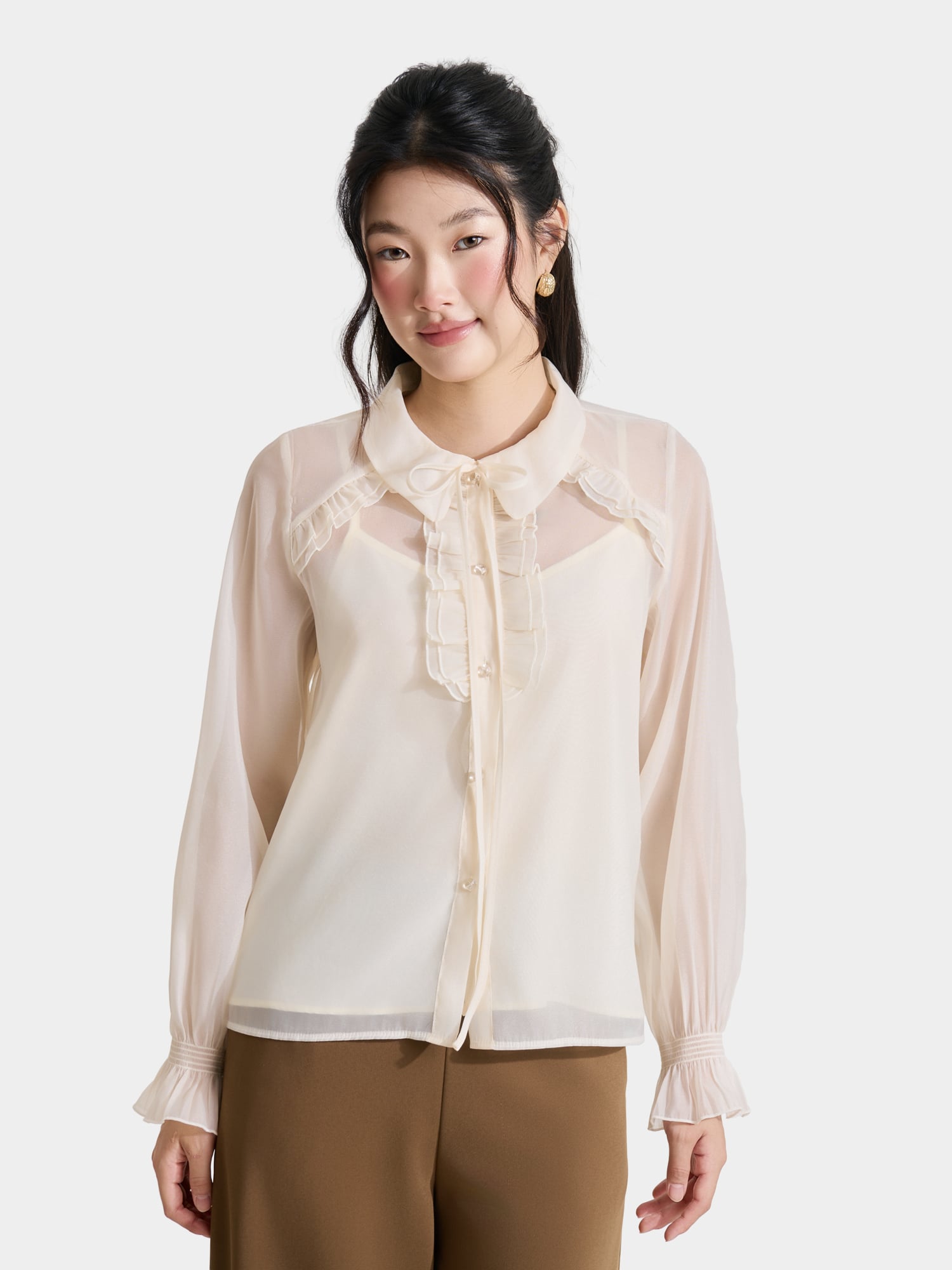 Áo sơ mi sheer tay dài phối bèo