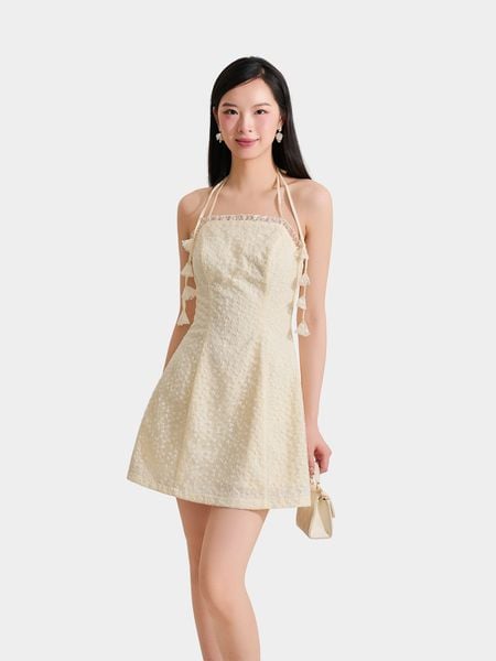  Đầm mini ren hoa nhí form A cổ yếm 