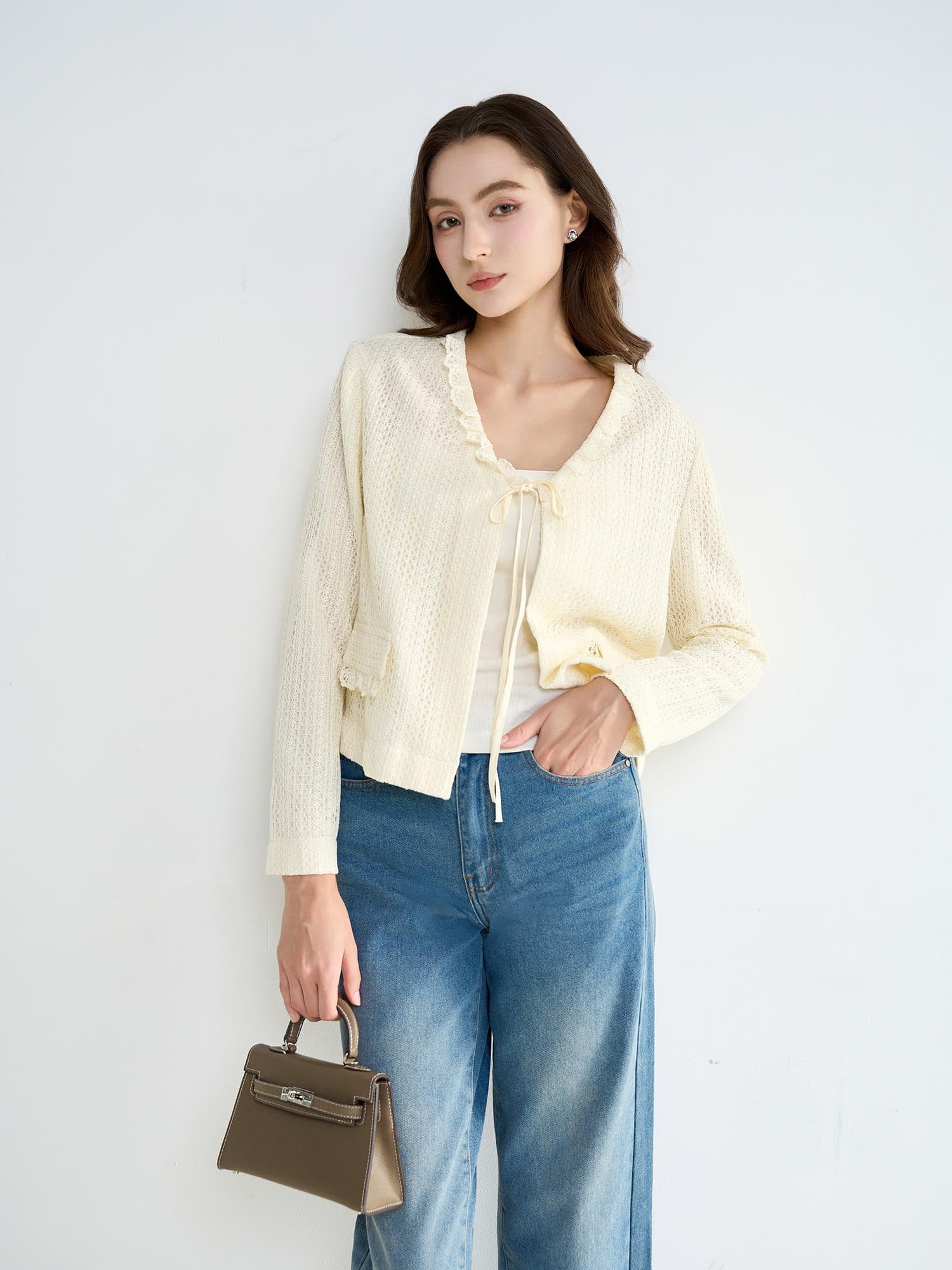 Áo khoác ren lớp nắp túi