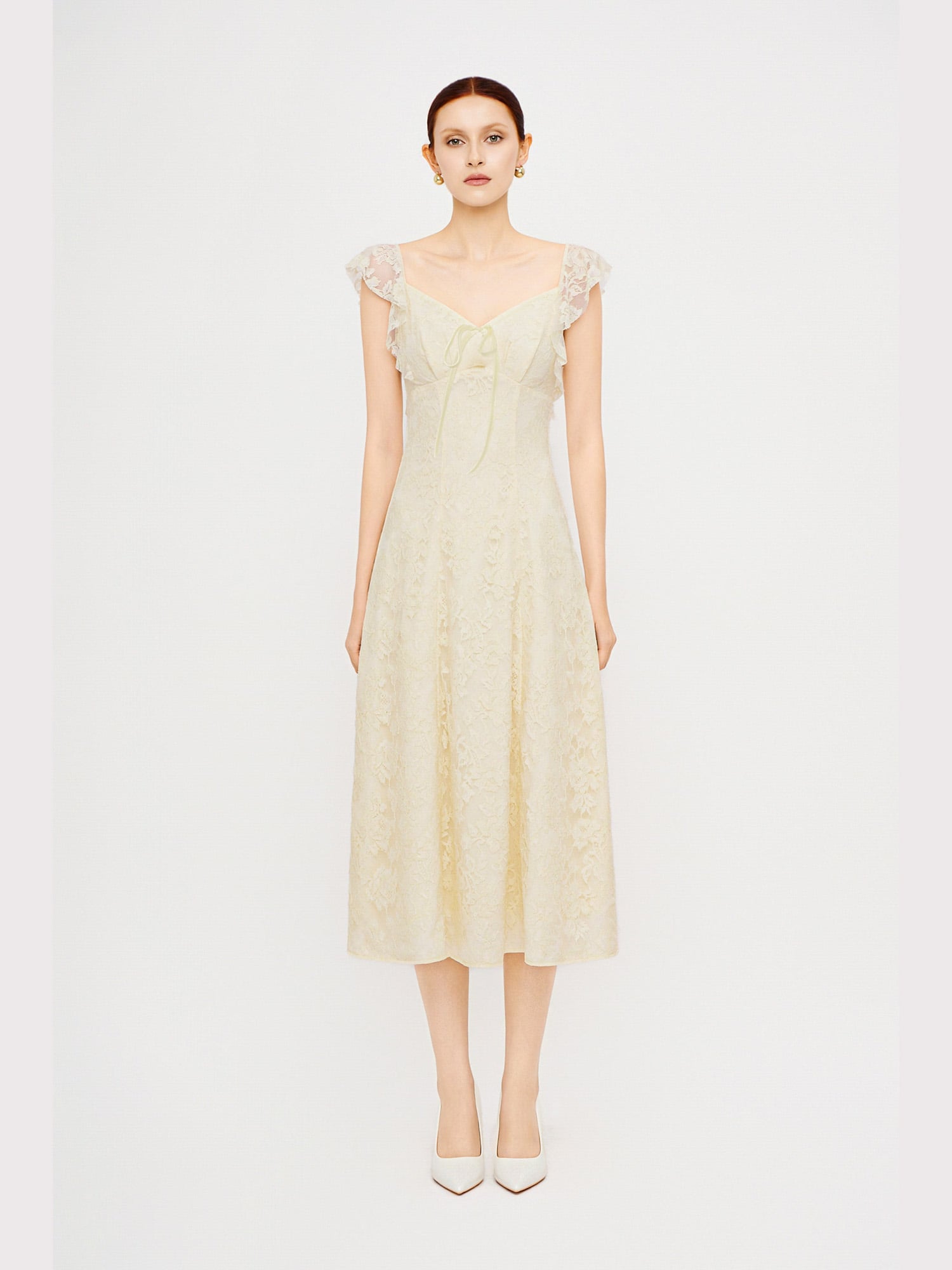 Đầm midi ren đính nơ ngực