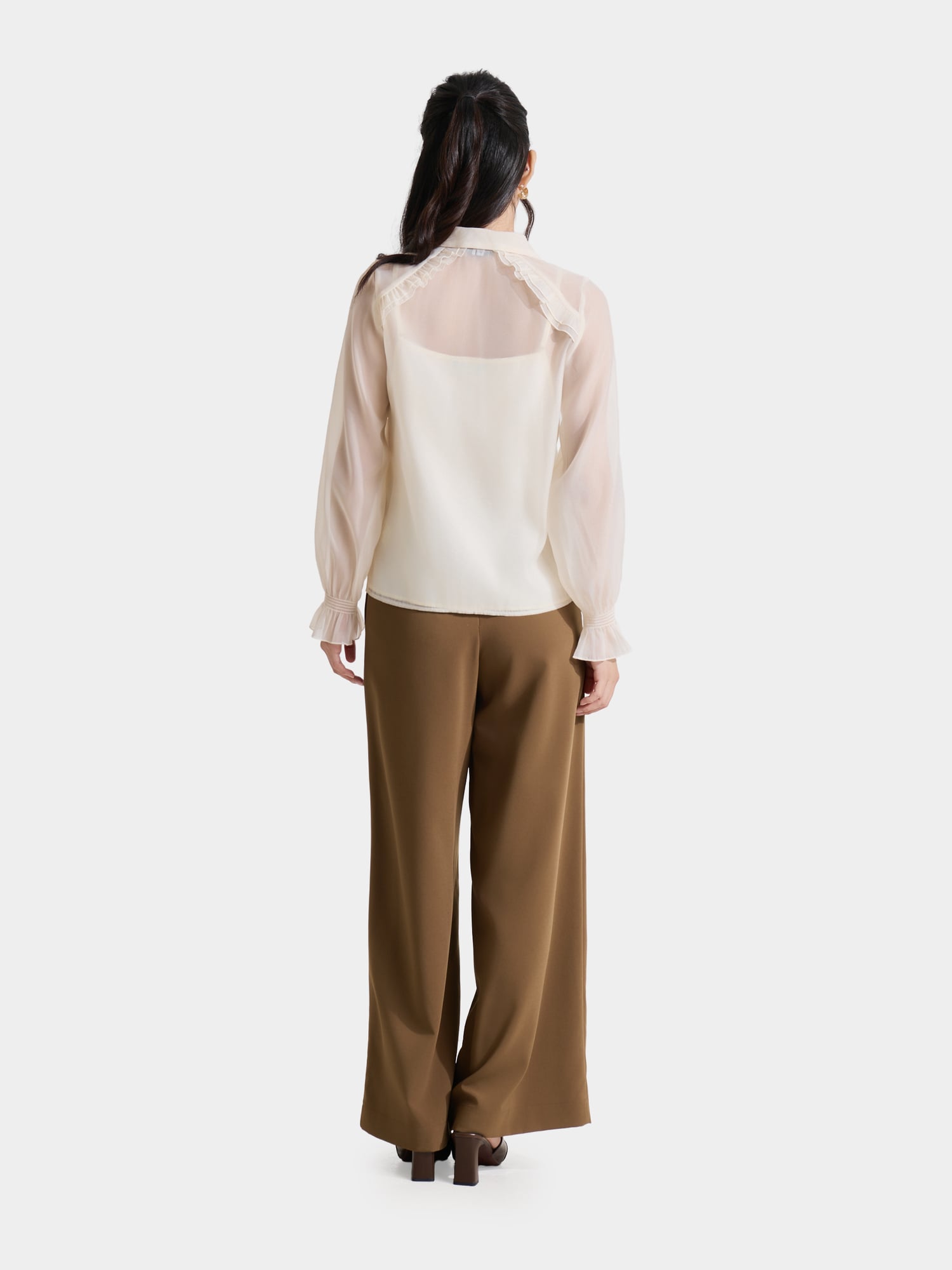 Áo sơ mi sheer tay dài phối bèo