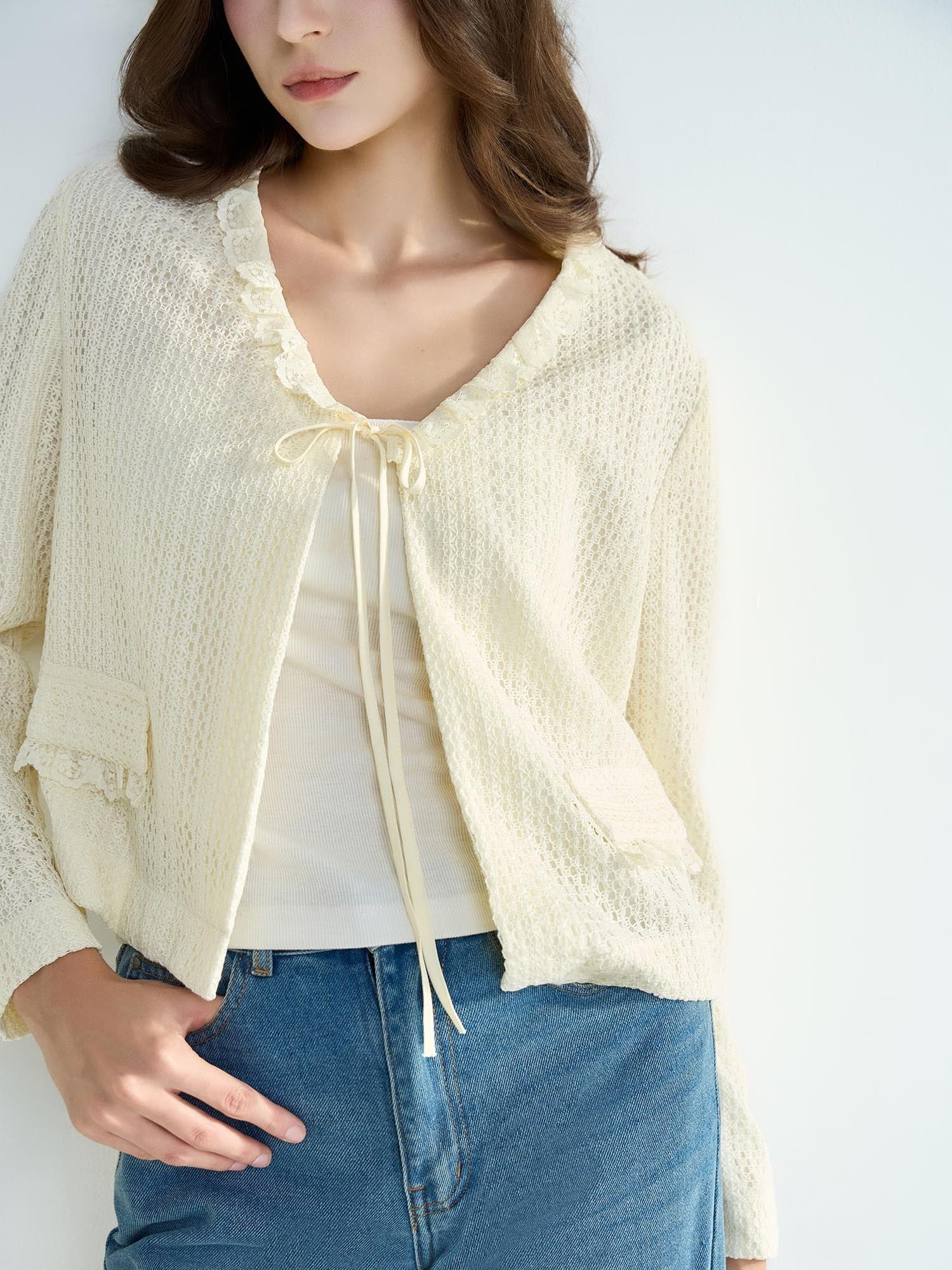  Áo khoác ren lớp nắp túi 