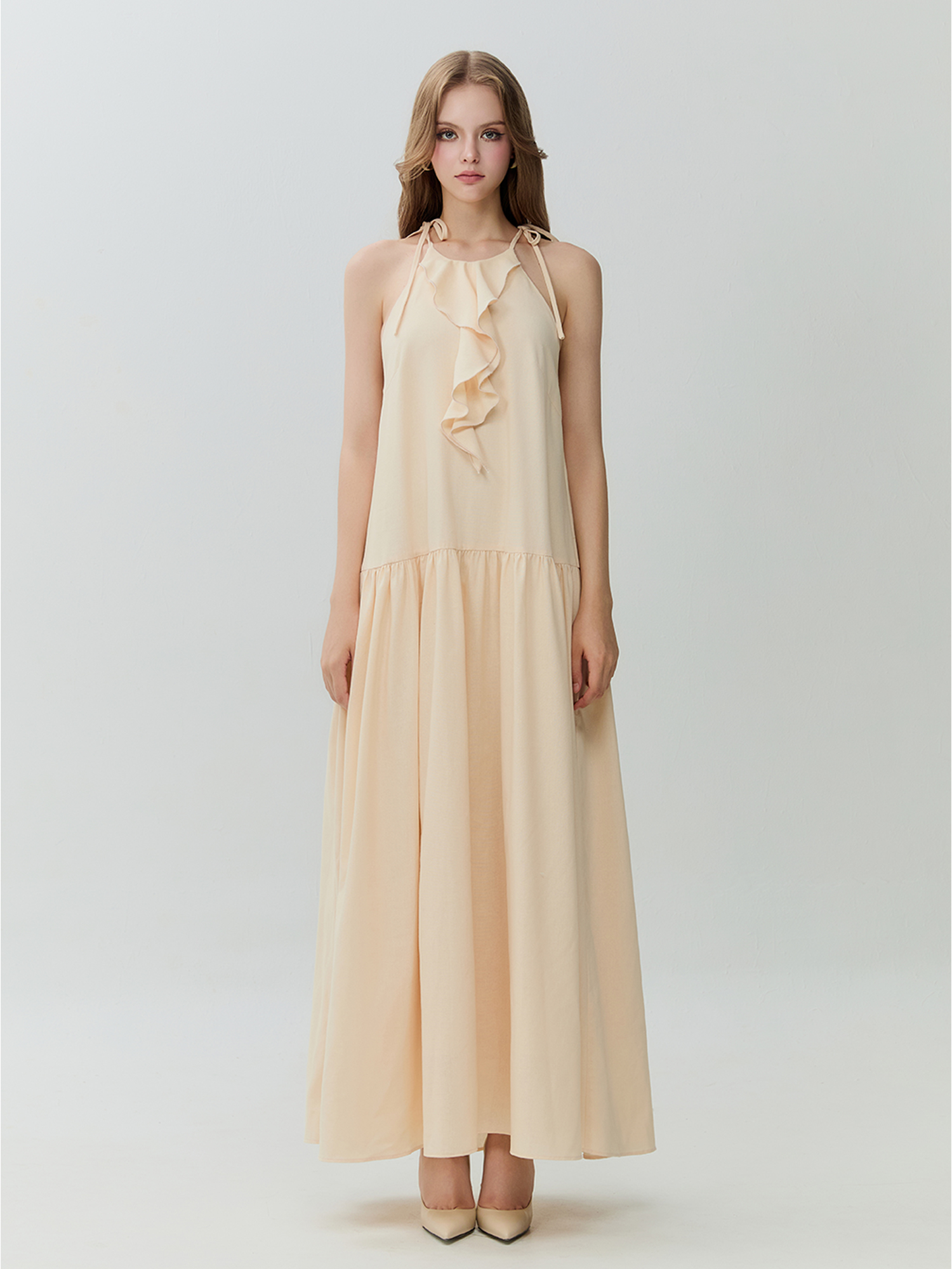 Đầm maxi cổ yếm phối bèo nhún tùng