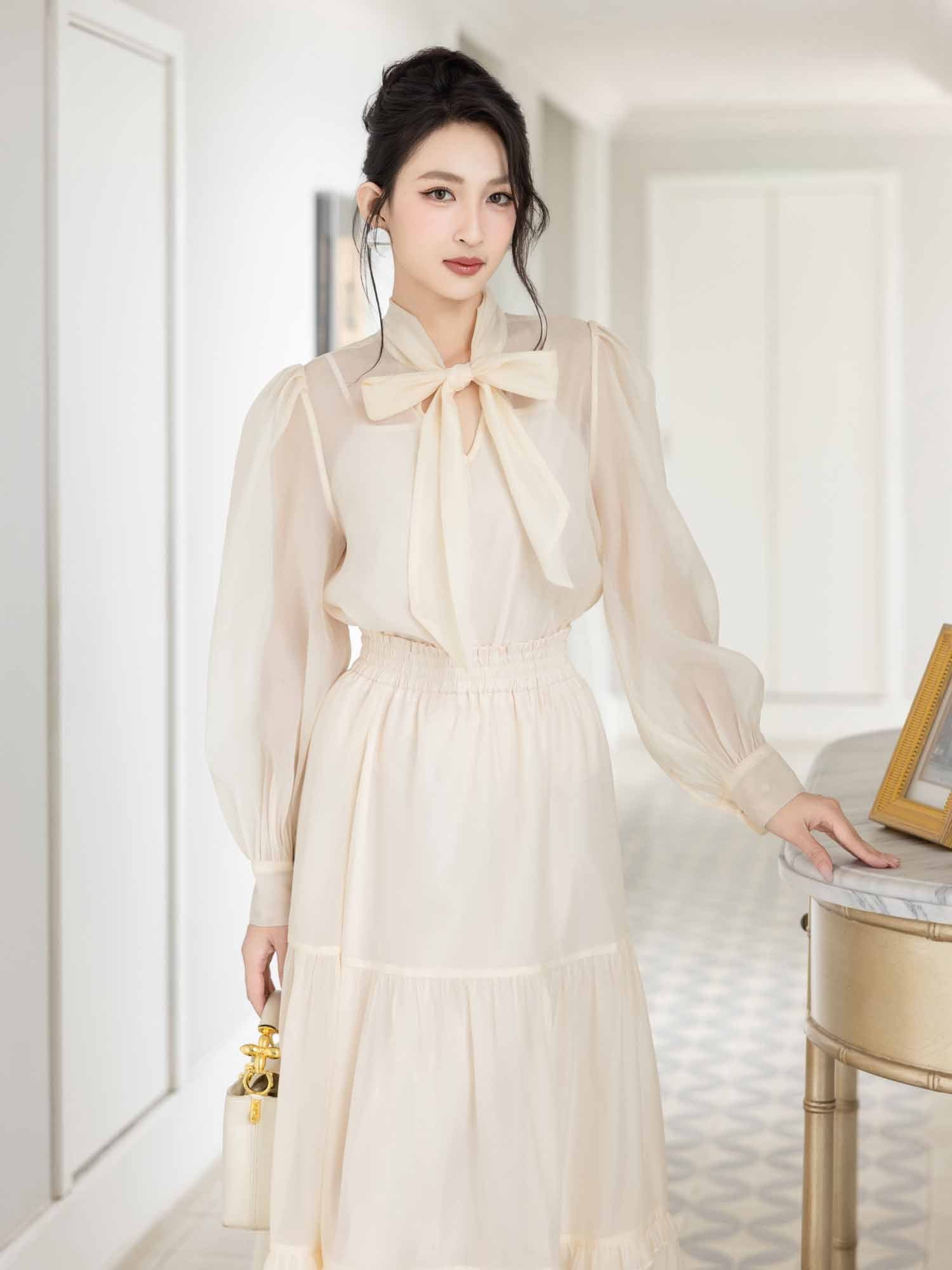 Áo sơ mi dây nơ cổ phối lót