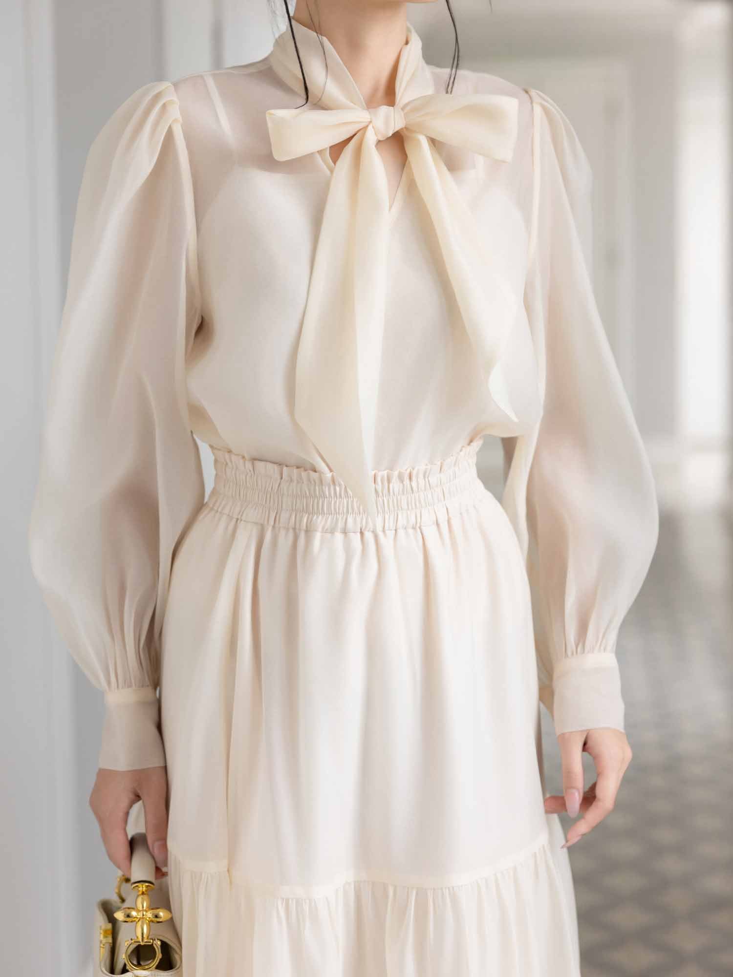 Áo sơ mi dây nơ cổ phối lót