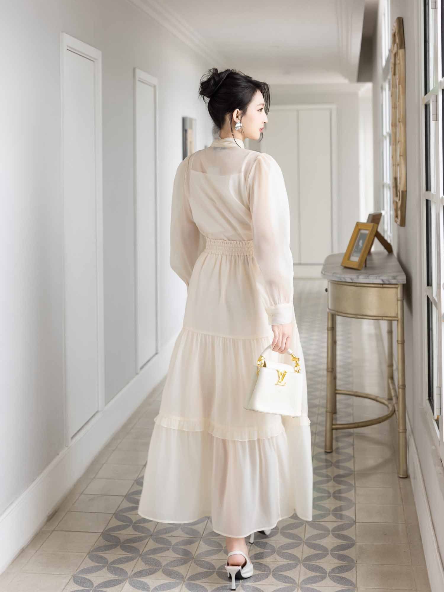  Áo sơ mi dây nơ cổ phối lót 