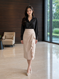  Chân váy midi xếp ly xẻ đùi phối bèo rũ 