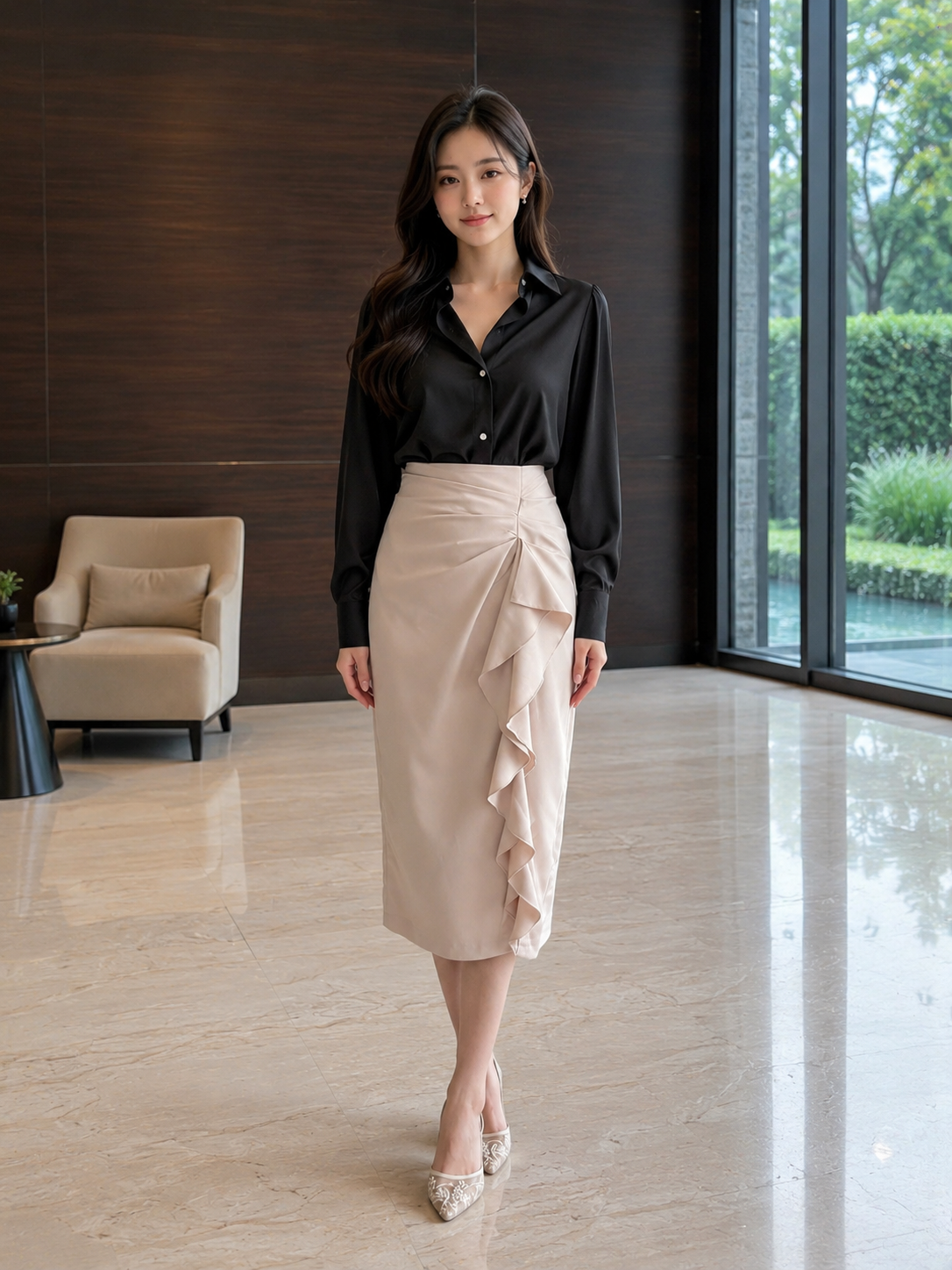  Chân váy midi xếp ly xẻ đùi phối bèo rũ 