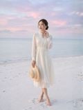  Đầm midi tay dài cổ hoa voan thắt nơ 