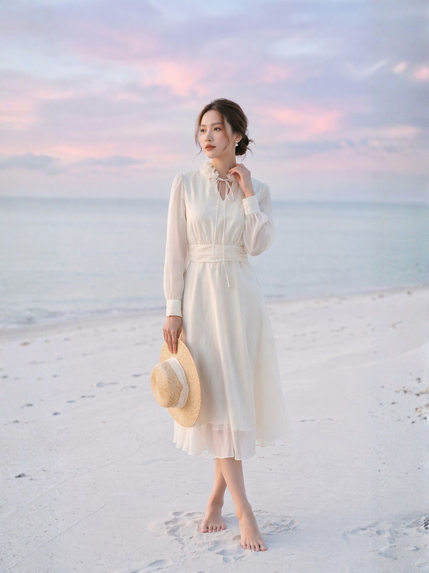 Đầm midi tay dài cổ hoa voan thắt nơ 