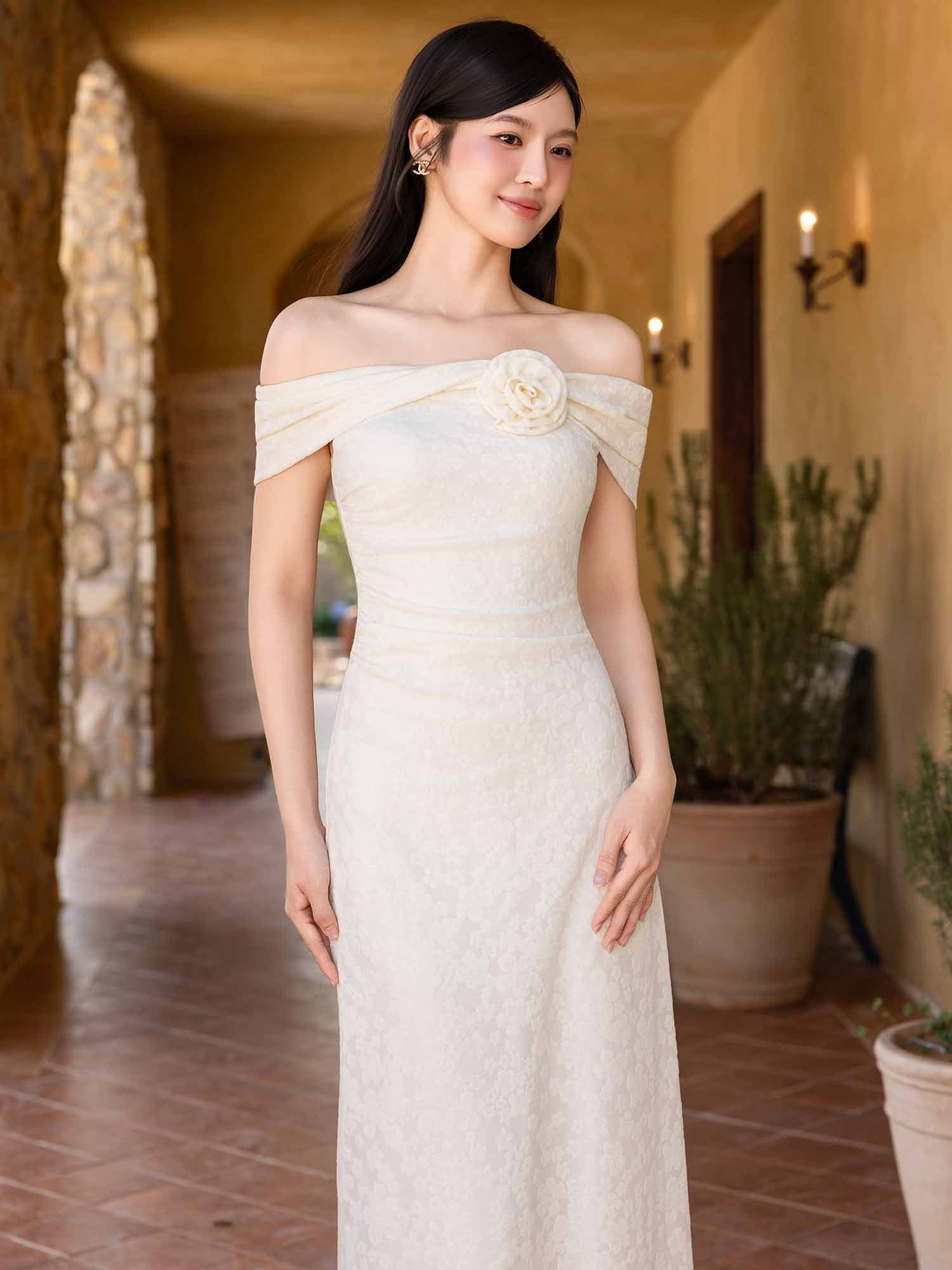  Đầm maxi thun hoa nổi nhún eo 