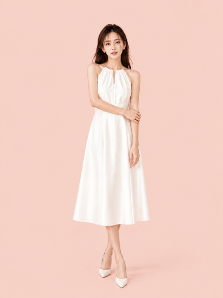  Đầm midi cổ yếm xếp ly eo 