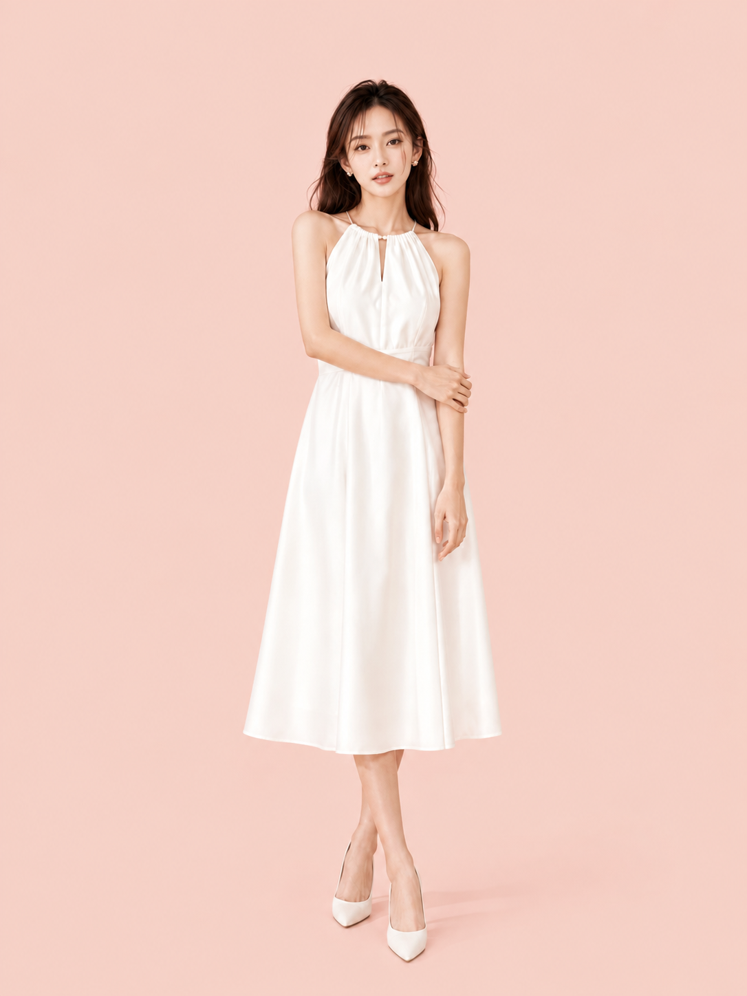  Đầm midi cổ yếm xếp ly eo 