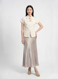  Áo linen chiết eo phối nơ cổ 