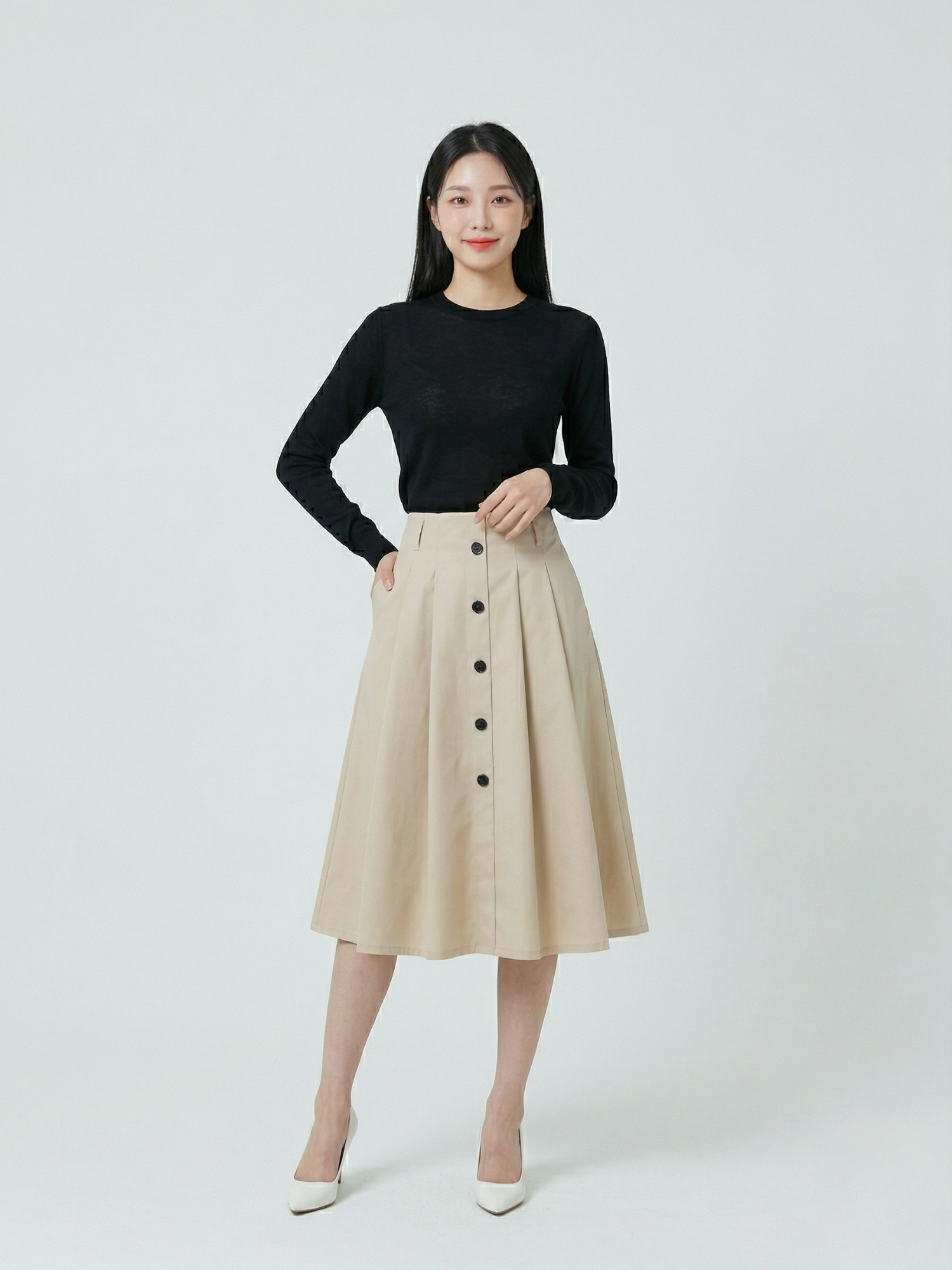  Chân váy midi kaki xếp ly xòe 