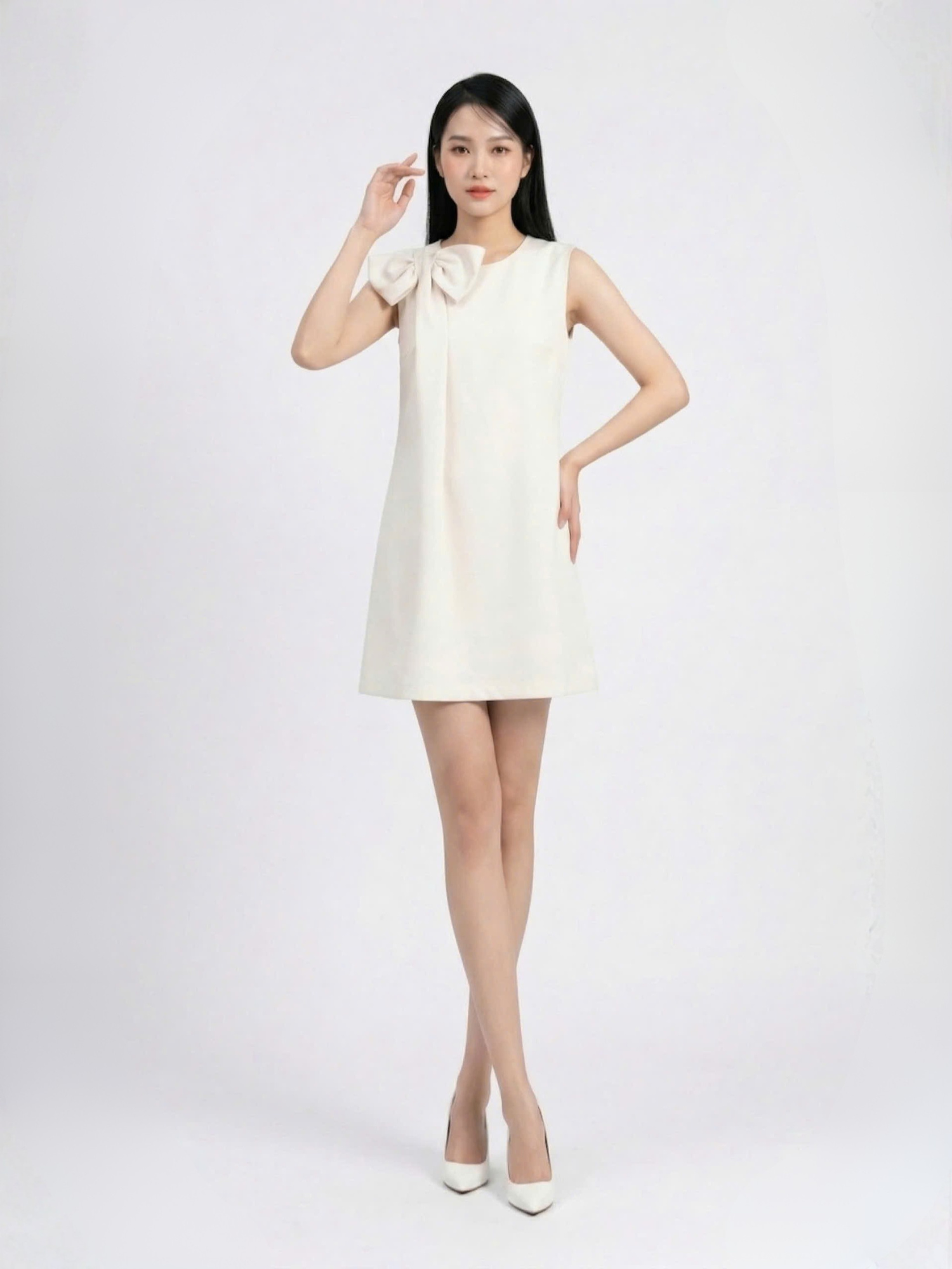  Đầm mini phom suông phối nơ vai cách điệu 
