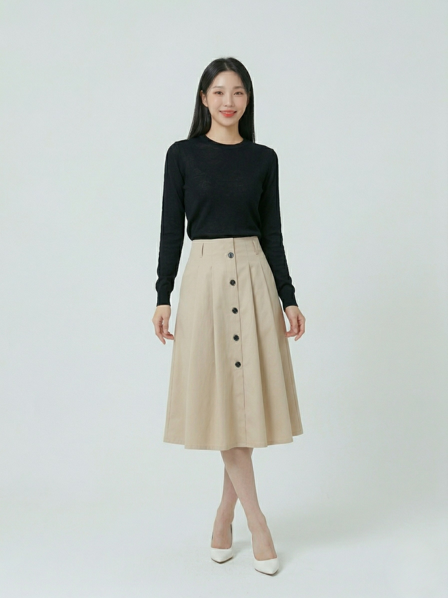  Chân váy midi kaki xếp ly xòe 