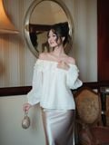  Áo kiểu tơ bẹt vai nhún bèo 