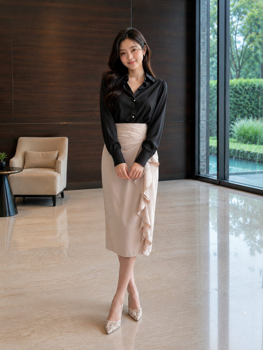Chân váy midi xếp ly xẻ đùi phối bèo rũ