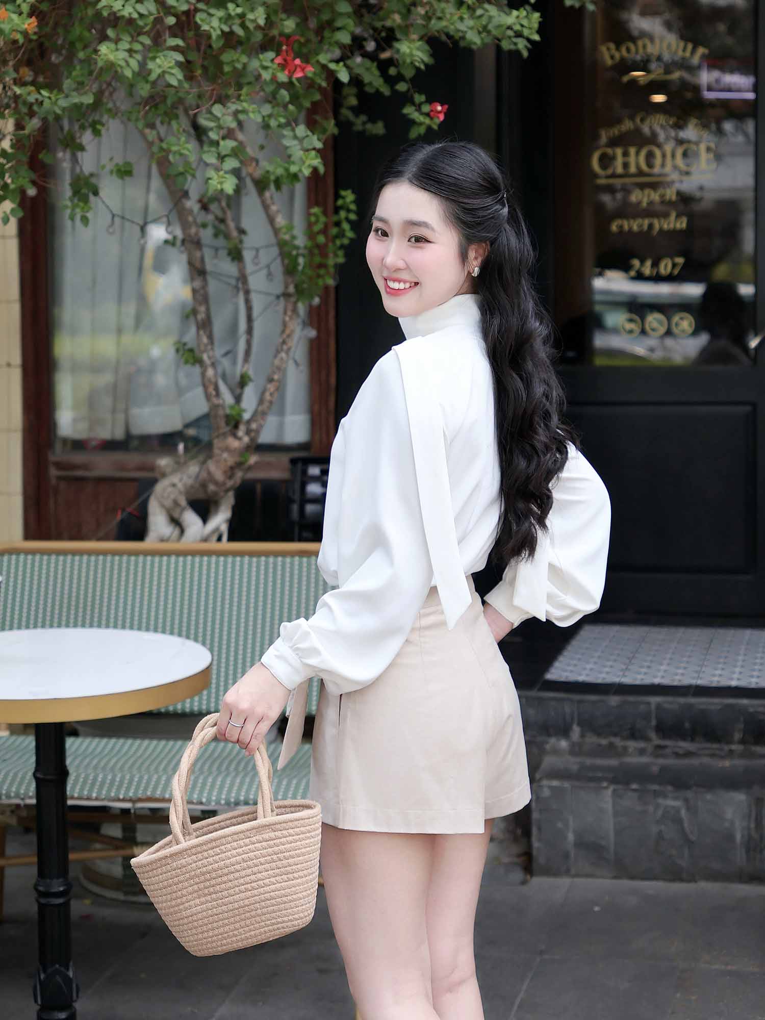 Chân váy skort mini đắp chéo phối nơ