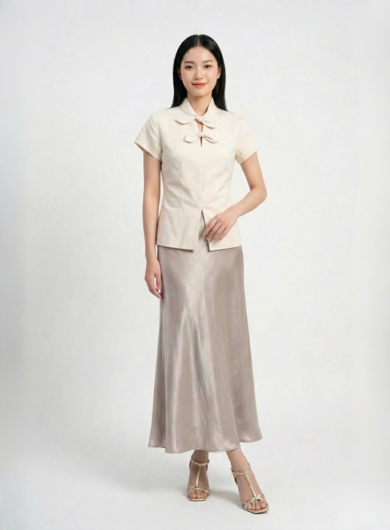 Áo linen chiết eo phối nơ cổ