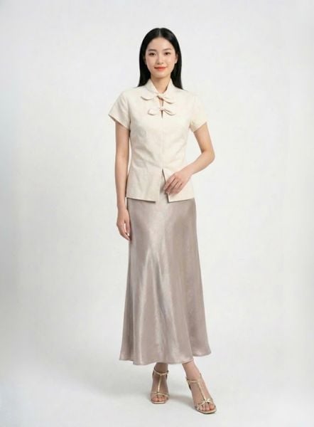  Áo linen chiết eo phối nơ cổ 