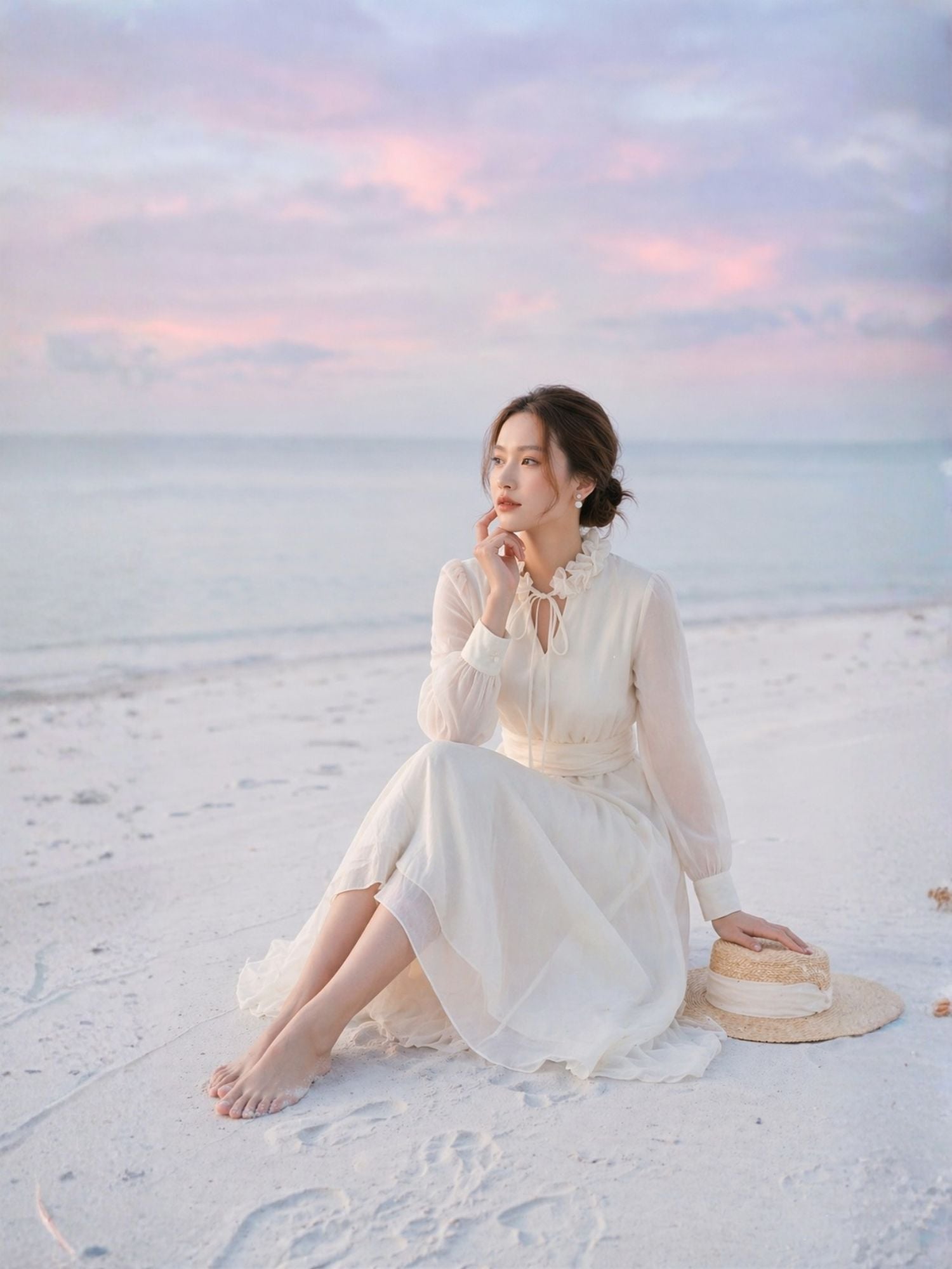 Đầm midi tay dài cổ hoa voan thắt nơ