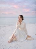  Đầm midi tay dài cổ hoa voan thắt nơ 