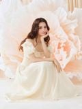  Đầm midi trễ vai phối bèo có tay 