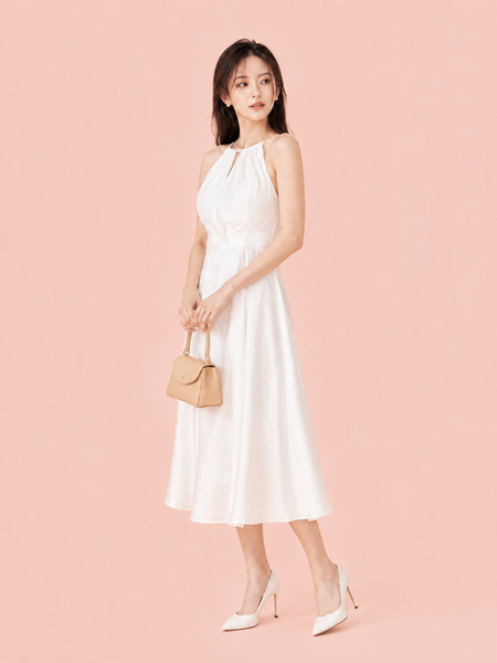  Đầm midi cổ yếm xếp ly eo 