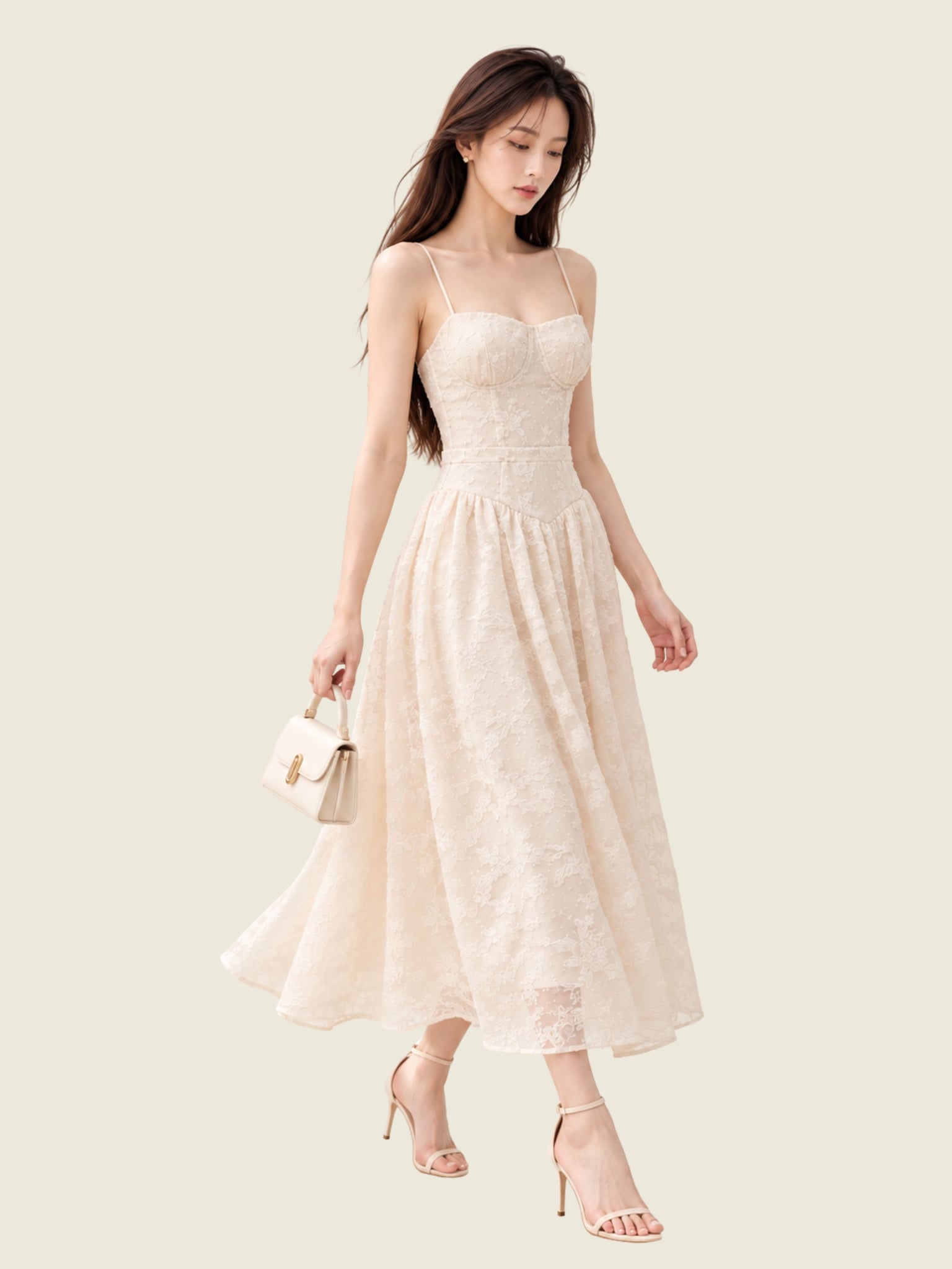 Đầm midi 2 dây hạ eo hoa nổi