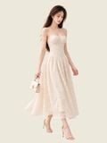  Đầm midi 2 dây hạ eo hoa nổi 